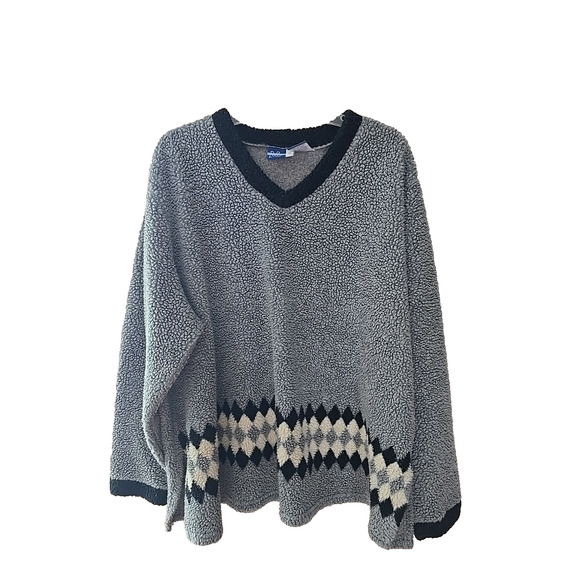 Y2K Preppy Venezia Gray Argyle V-Neck Sherpa Pullover Sweater Womans Size 22/24 - Picture 1 of 4